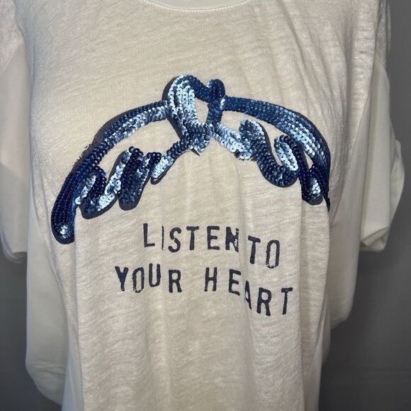 Mos Mosh Women's Cream Listen to Heart Peace Sequin Linen Size Medium Gosh Tee - Picture 3 of 9